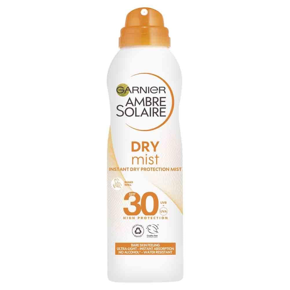 Garnier Ambre Solaire SPF 30 Dry Mist Sun Protection Spray, Water Resistant, Ultra-Light and Non-Greasy, No White Cast, For All Skin Types, 200 ml