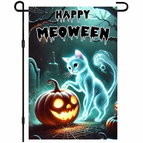 BlissYard Happy Meoween Halloween Garden Flag Autumn Flag Ghost Cat Pumpkin 12x18 Inch Spooky Night Scene Double Sided Outdoor Banner For Front Yard Porch Lawn Patio Seasonal Home Decor Display