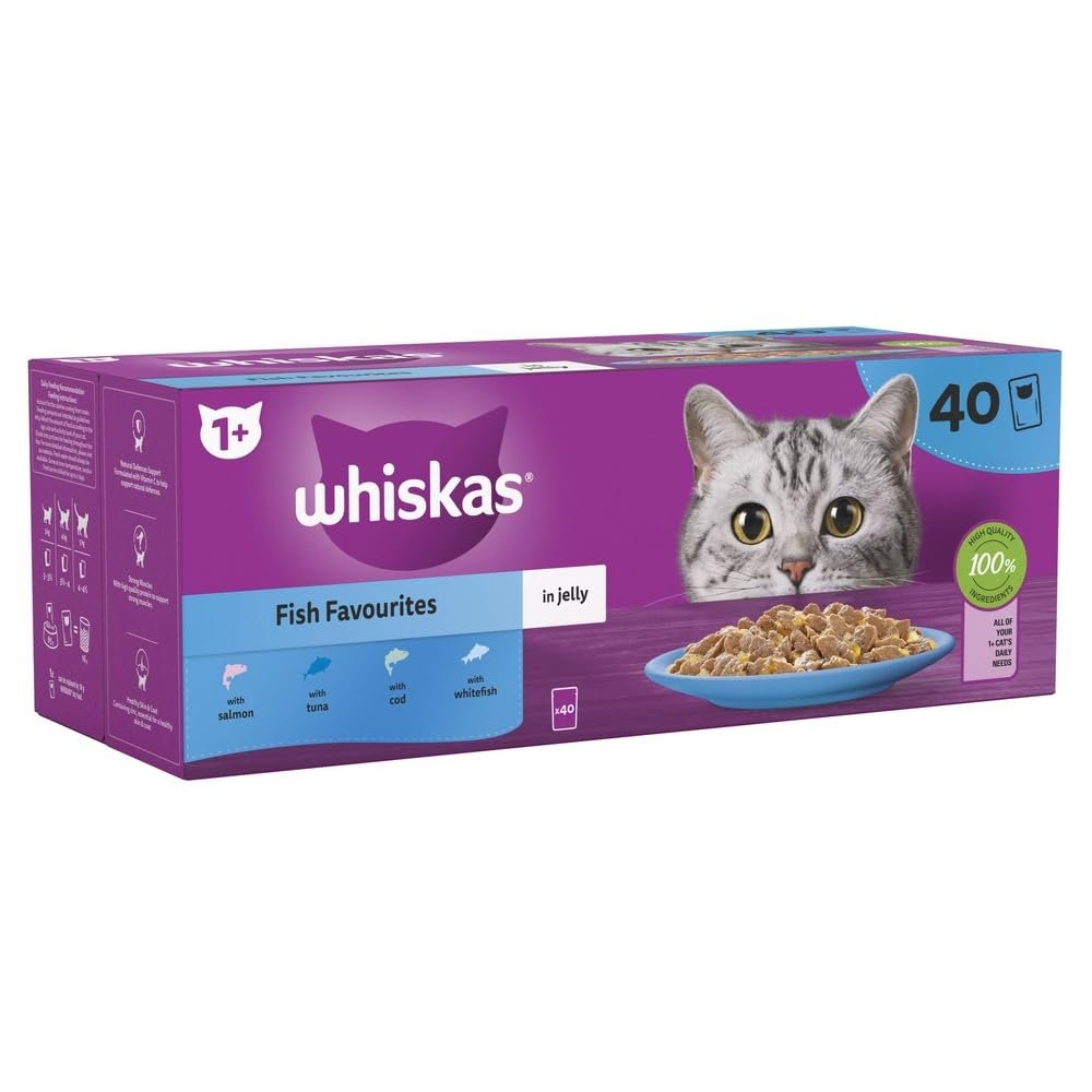 WHISKAS - 1+- Adult Wet Cat Food Pouches - 40 x 85 g - Fish in Jelly - Bulk Cat Food Megapack - 40 Pouches