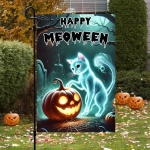 BlissYard Happy Meoween Halloween Garden Flag Autumn Flag Ghost Cat Pumpkin 12x18 Inch Spooky Night Scene Double Sided Outdoor Banner For Front Yard Porch Lawn Patio Seasonal Home Decor Display - Image 2