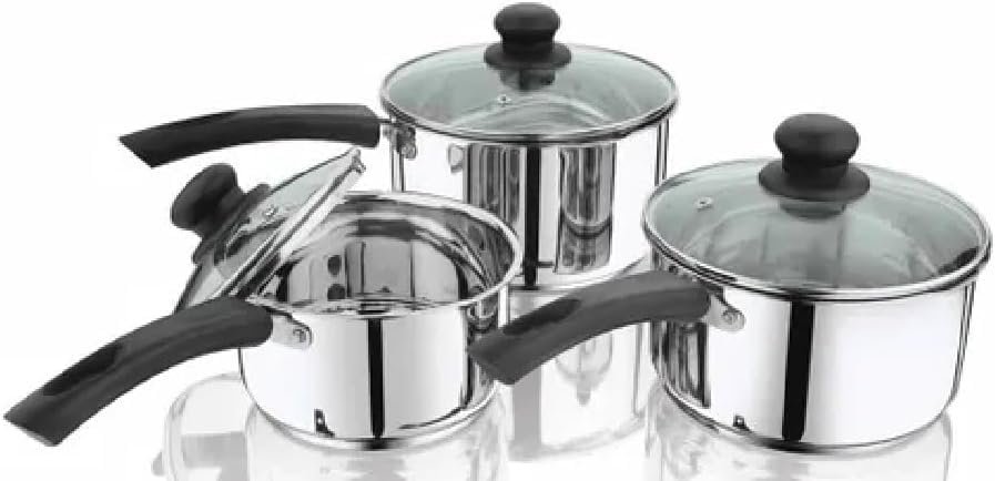 Nobel Stainless Steel Deep Saucepans with Glass Vented Lid,Phenolic Heat Resistant Handles, Encapsulated Bottom, Ideal for All hobs. Uncoated (Set 3-16,18,20)