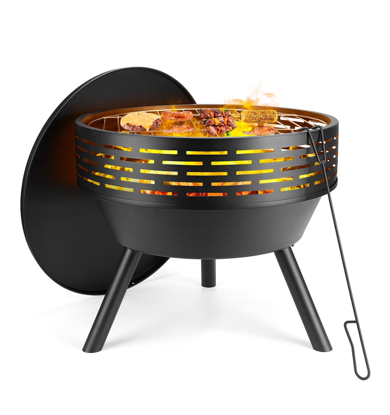 PWSOMJ 23 Inch Cast Iron Round Fire Pit with Grill, 3-in-1 Outdoor Fire Bowl, Fire Pit Table with Metal Lid and Fire Poker, Wood Burning Firepit for BBQ Bonfire Patio Picnic
