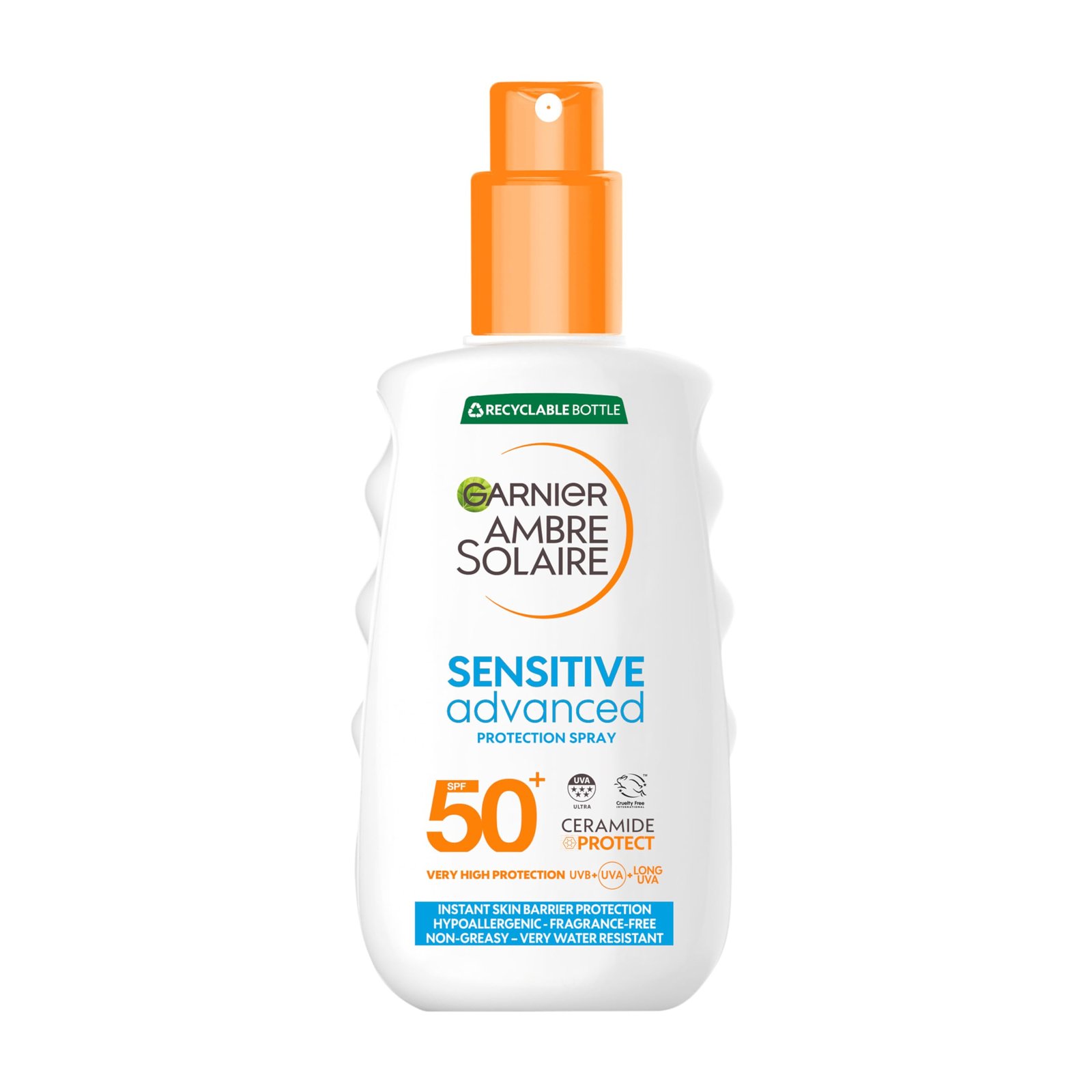 Garnier Ambre Solaire SPF 50+ Sensitive Advanced Sun Cream Spray, High Protection, Factor 50, Water Resistant, Non-Greasy, Fragrance-Free, Hypoallergenic, UVA UVB Protection with Ceramide, 150ml