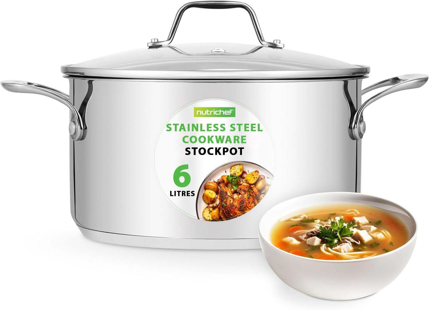 61G70pTIVVL.jpg NutriChef Large Stainless Steel Stock Pot with Lid - Big Soup Pot, Heavy Cooking Pot with Glass Lid - Stew Pot, Cookware Induction Pot, Mirror Finish Stockpot, Deep Casserole Pot, 6-Qt / 5.7 Litre - Image 1