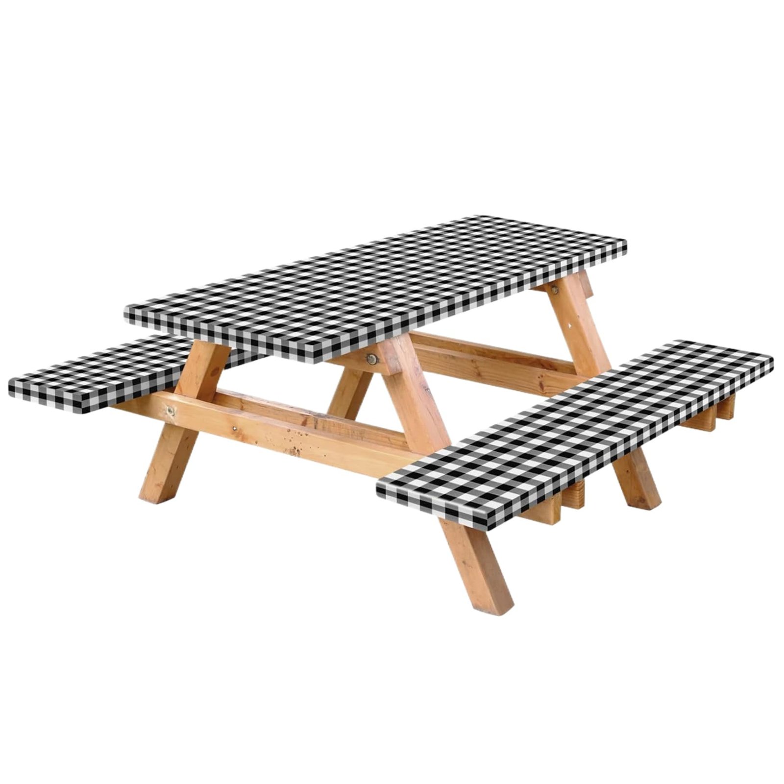 Porgeel Picnic Bench 3PCS/Set Picnic Table Cover with Bench Covers 6ft Waterproof Camping Tablecloth with Elastic ＆ Flannel Backing Black/White Checkered Picnic Essentials Outdoor