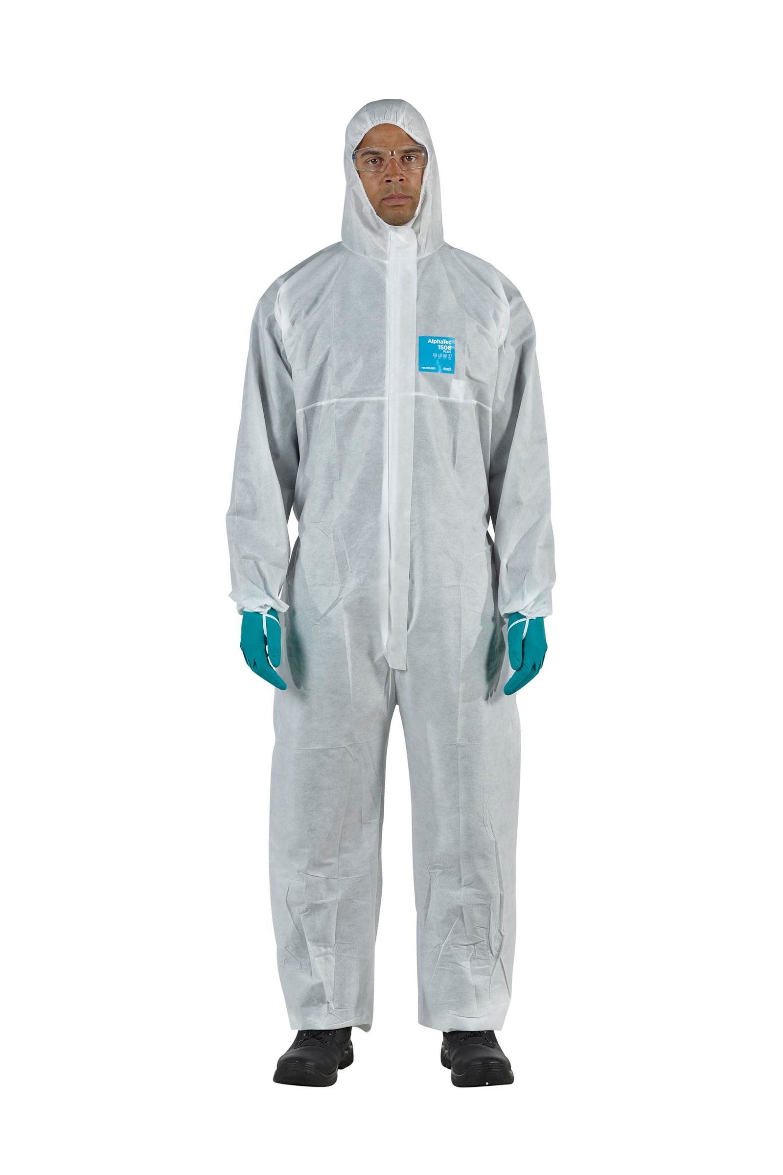 Ansell AlphaTec 1500 Model 111, Disposable Work Overall with Hood, Chemical Protection Type 5/6, Water Repellent Coverall Suit, Industrial Safety Workwear, Men Women, White, Size 3XL (1 Unit)