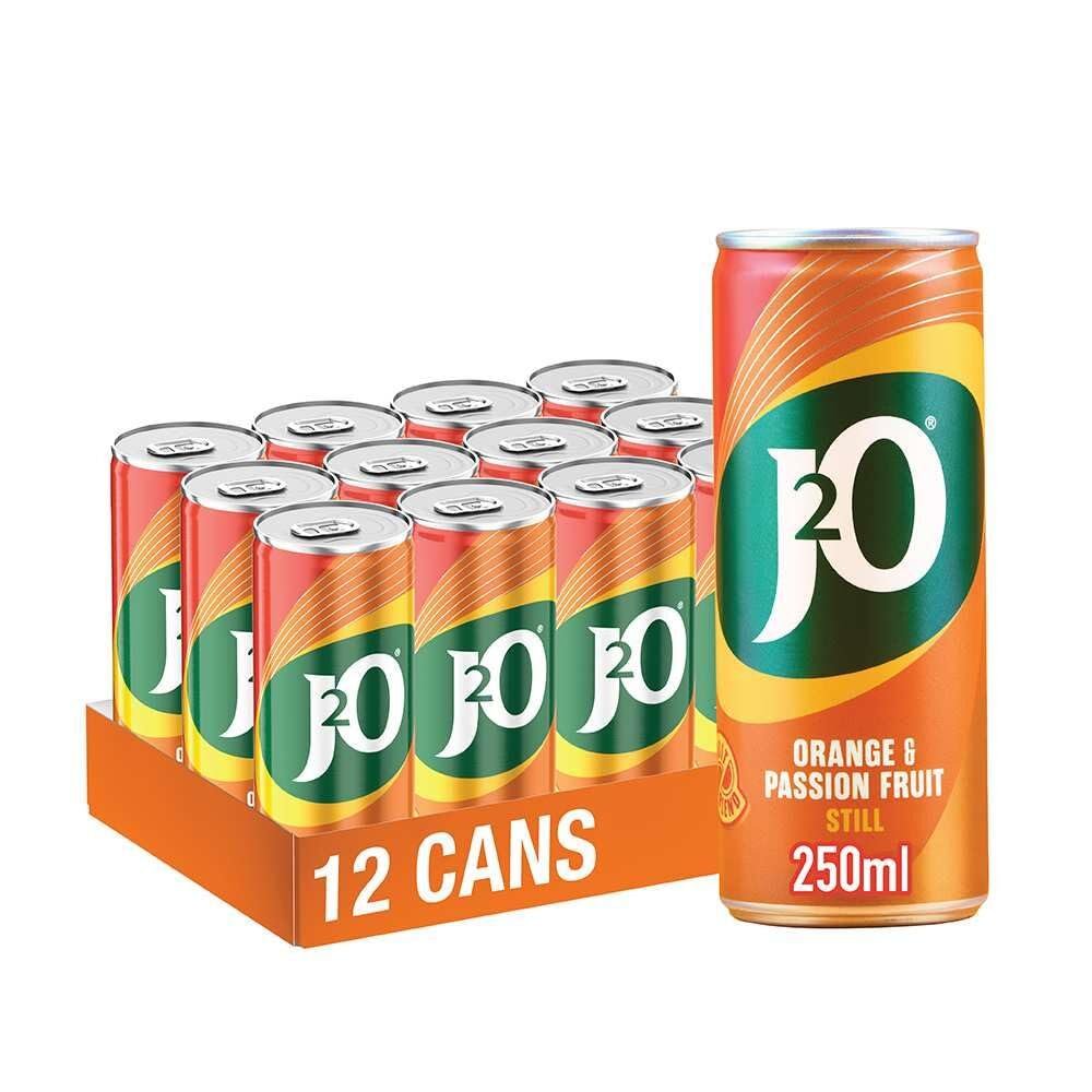 J2O Fruit Juice, Orange and Passion Fruit, 250ml Cans (Pack of 12)