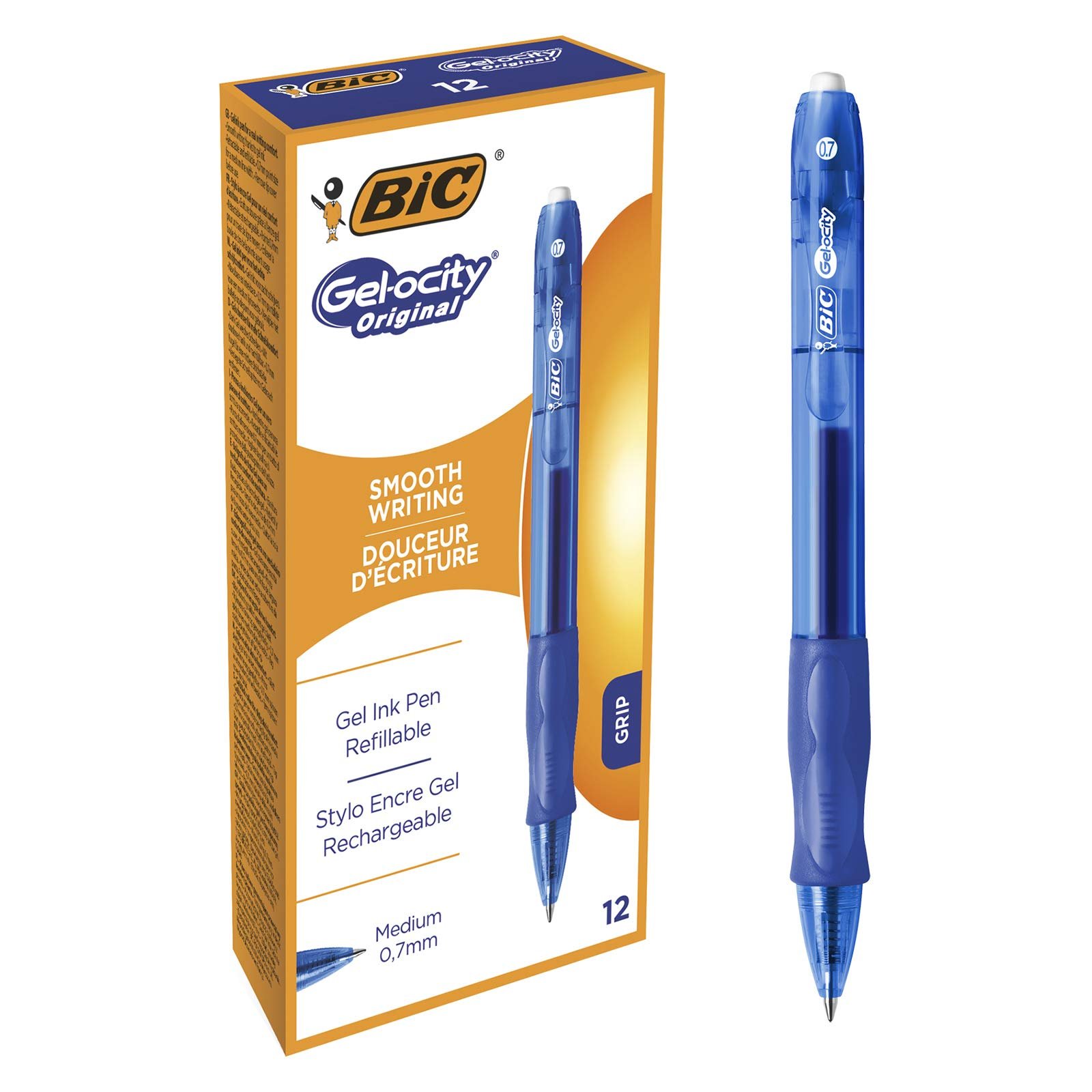 BIC Gel-ocity Original, Gel Ink Pens, With a Soft Grip, Seamless Smooth Writing, in Blue, Medium: 0.7mm, Pack of 12