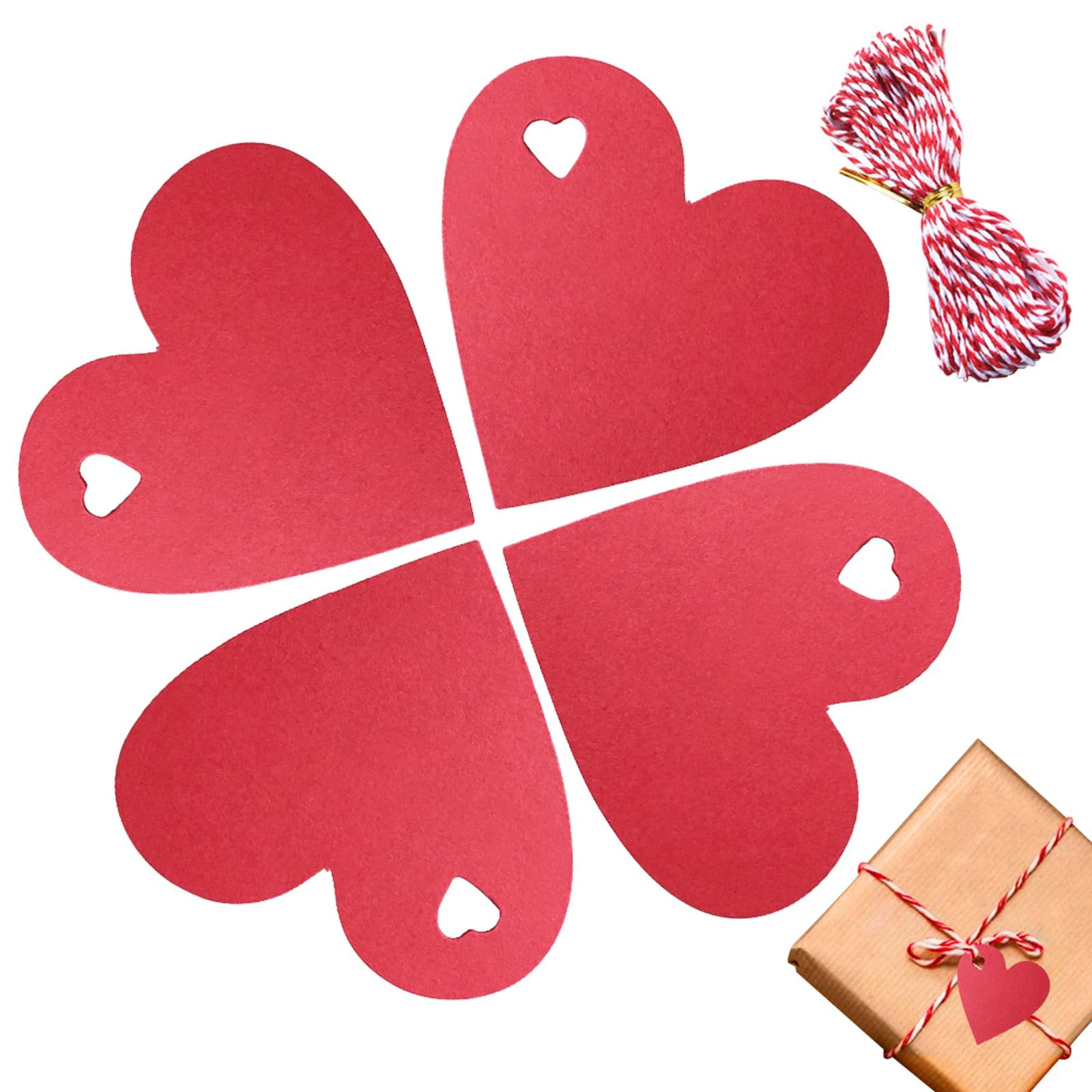 100Pcs Gift Tag Paper, 6x6 cm Red Heart Shaped Paper Tags, Heart Shaped Paper with 10 Metres of Red and White Rope for Valentine's Day, Mother's Day, Wedding, Thanksgiving, Birthday