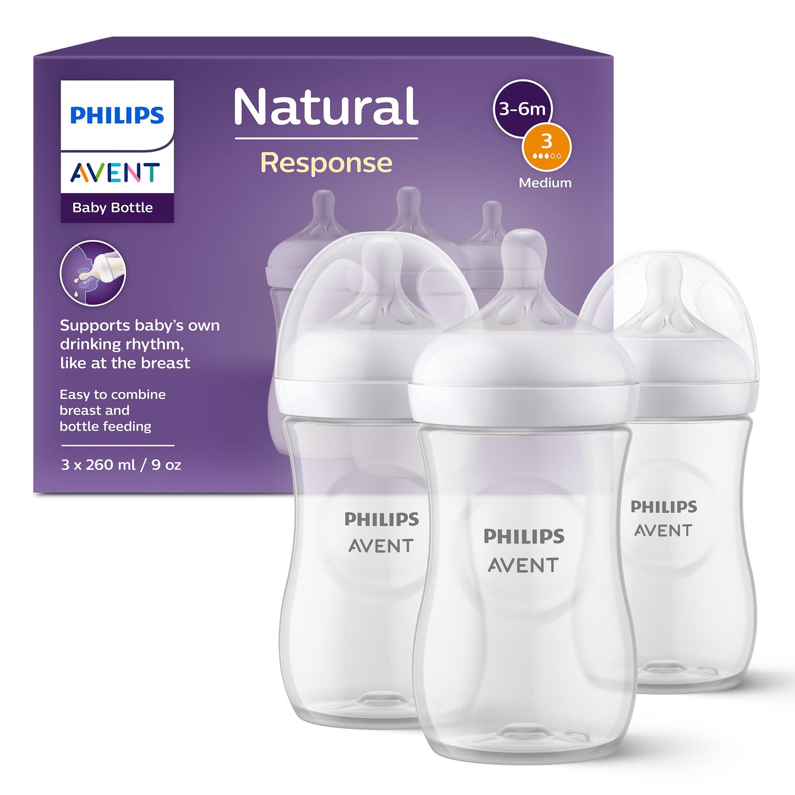Philips Avent Natural Response Baby Bottle - 3 x 260ml Baby Milk Bottle for Newborns and Up, BPA Free, 1+ Months (Model SCY903/03)