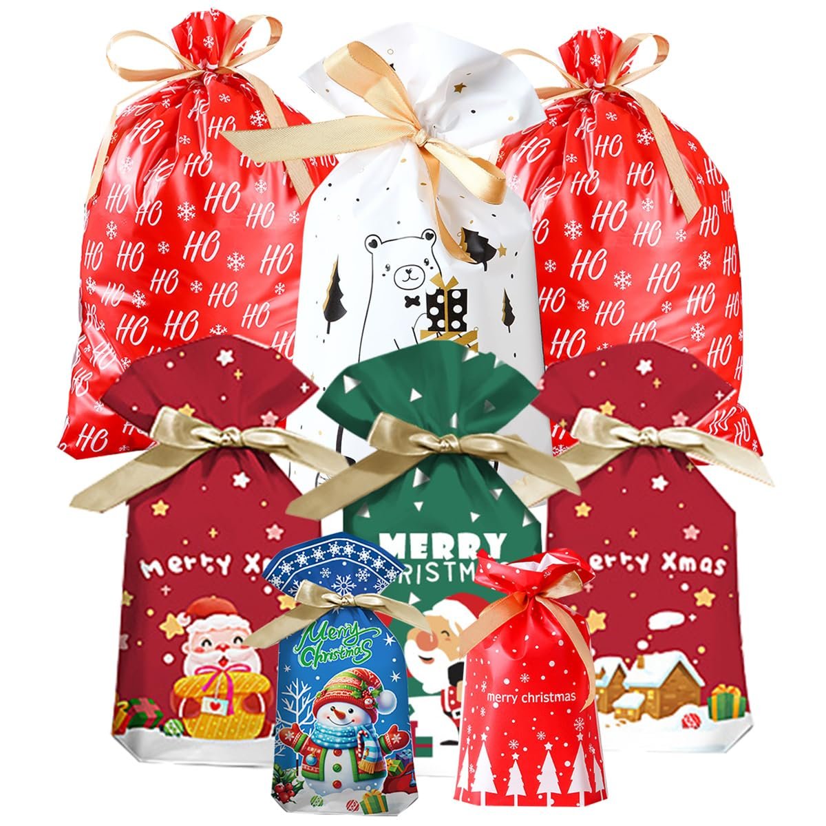 Christmas Drawstring Gift Wrapping Bags - 28pcs Assorted Size Xmas Present Bags Reusable Large Gift Goody Bags for Christmas Party