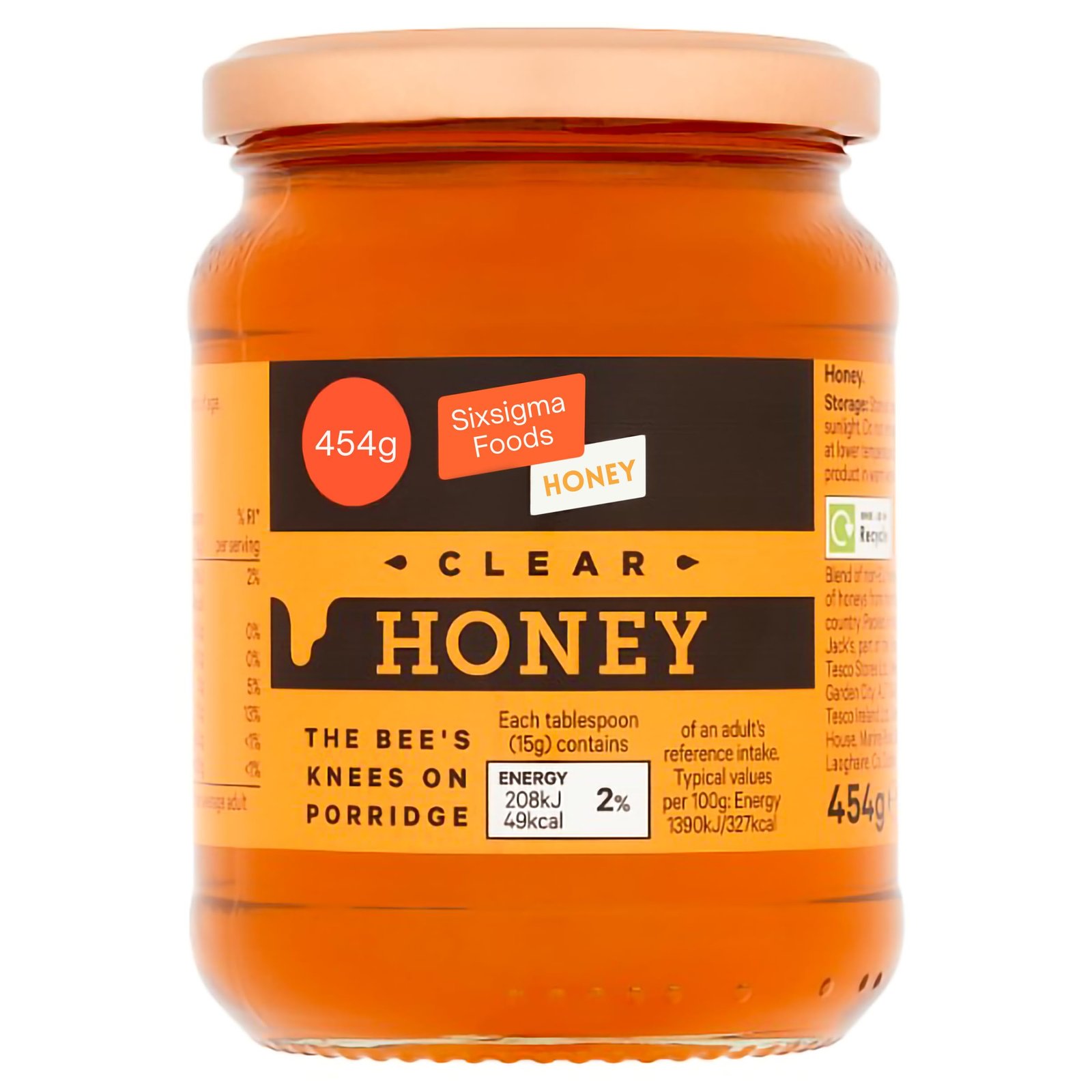 Sixsigma Foods Clear Honey (6 x 454g) - Ideal Pure Golden & Naturally Sweet for Spreading or Using in Cooking - A Delicious & Versatile Natural Sweetener (Case of 6)