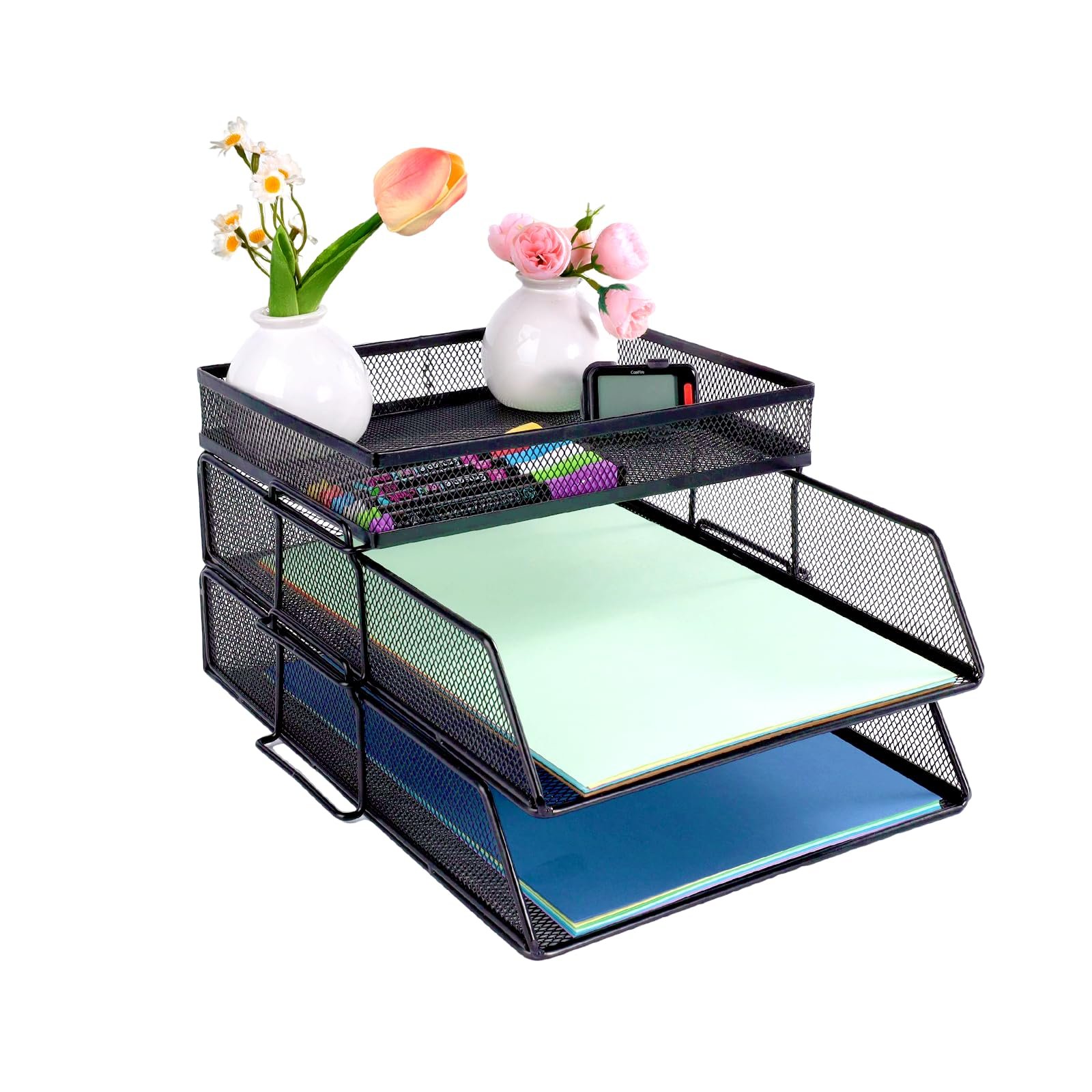 2 Tier Mesh in Trays，Stackable Office Desk Tidy File Holder with Top Stationery Holder，Paper Document Letter Trays for Office School and Home Black