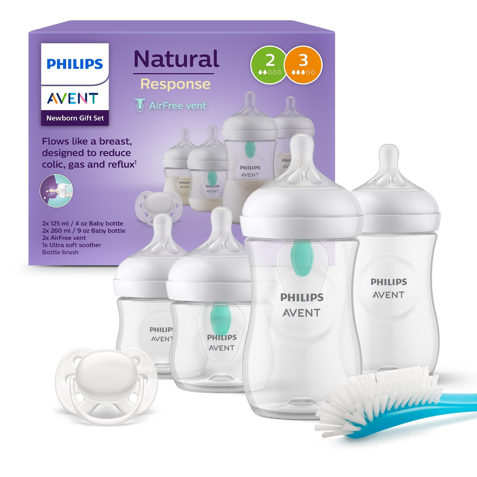 Philips Avent AirFree Vent Baby Bottle Newborn Gift Set - 4 Baby Milk Bottles with Air-Free Vent, Ultra-Soft Pacifier and Bottle Brush, Babies Aged 0-12 Months+ (Model SCD657/11)