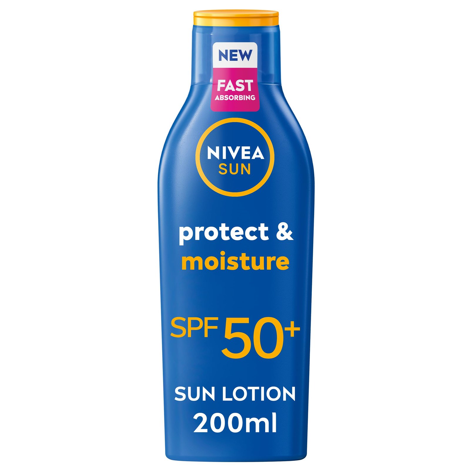 NIVEA SUN Protect & Moisture Sun Lotion SPF 50+ (200 ml), Suncream with Vitamin C and Hyaluron, Provides 48H Moisture and Immediate UVA/UVB Protection, Fast-Absorbing, No White Cast Formula
