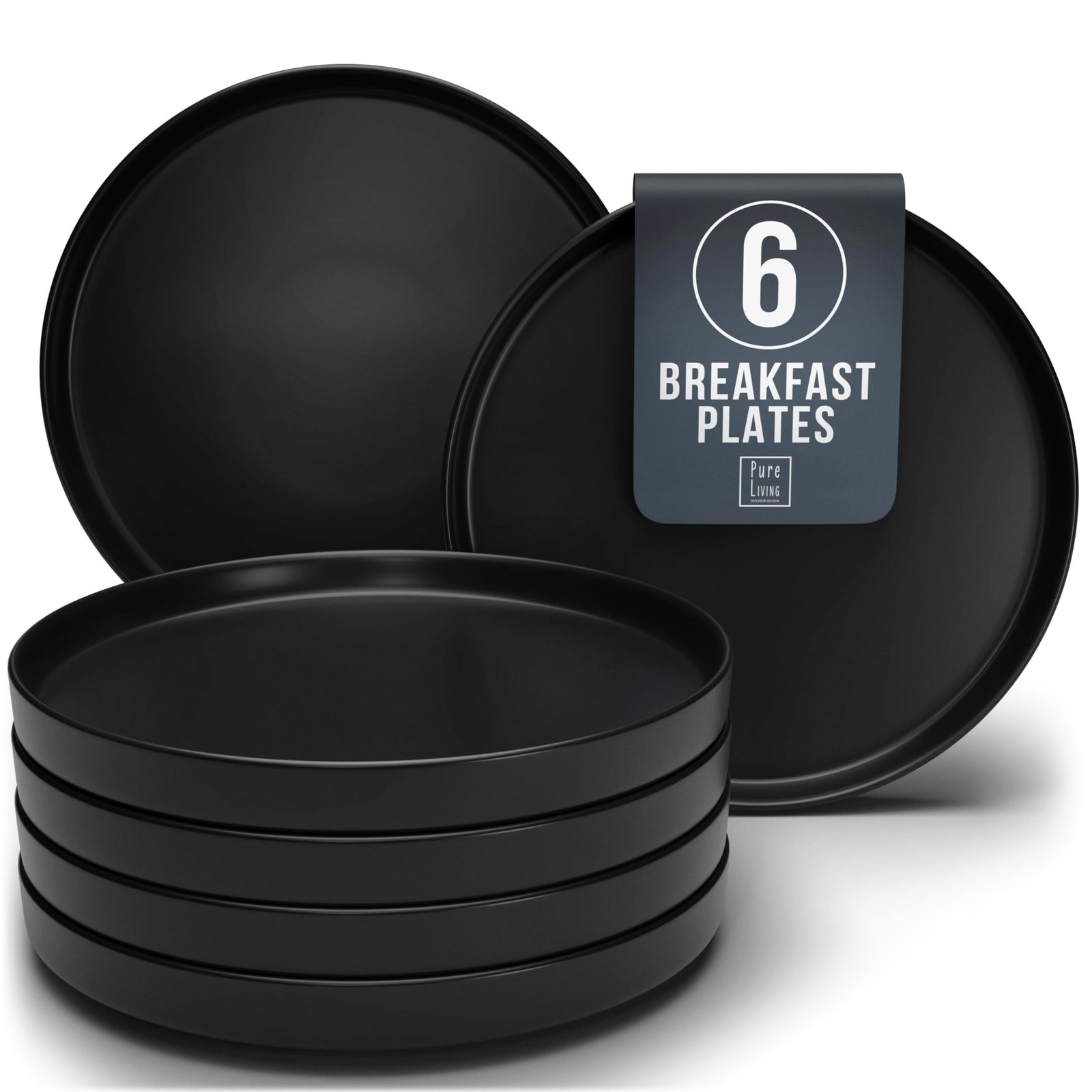 Manhattan Urban Black Line - 6-Piece Breakfast Plate Set in Matte Black - Premium Stoneware, Dishwasher and Microwave Safe - Stylish Plate Set for 6 - Elegant Dinnerware Set Pure Living