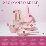 Paris Hilton Ceramic Nonstick Cookware Set, Cast Aluminum with Dual Layer Nonstick Coating, Gold Heart Knobs, Stay-Cool Handles, Made Without PFAS, PFOA, PFOS & PTFE, Dishwasher Safe, 10-Piece, Pink - Image 8