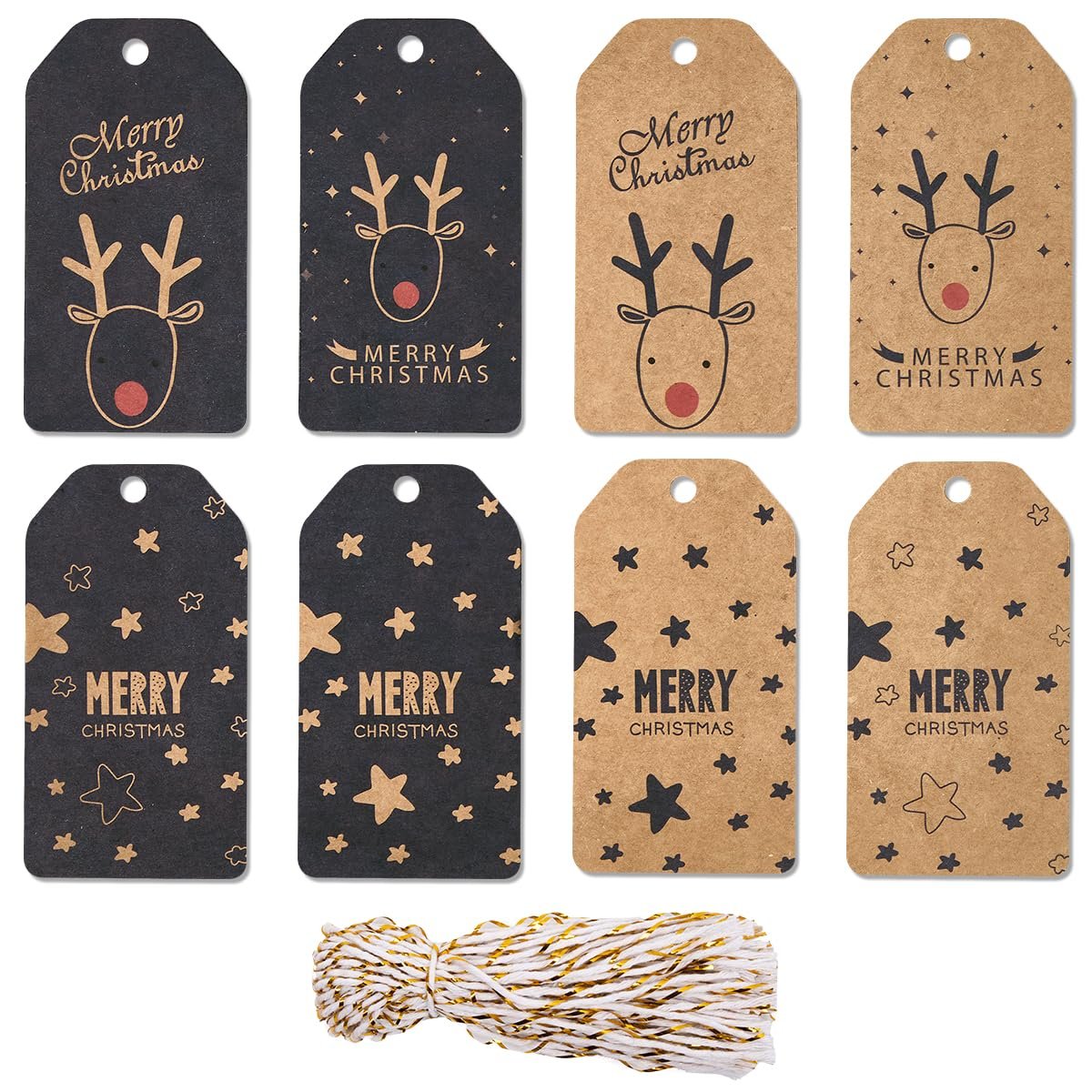 Christmas Kraft Gift Tags with Strings - 80pcs Xmas Gift Labels Vintage Festive Pattern for Gift Wrapping Party Decoration