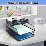 2 Tier Mesh in Trays，Stackable Office Desk Tidy File Holder with Top Stationery Holder，Paper Document Letter Trays for Office School and Home Black - Image 2