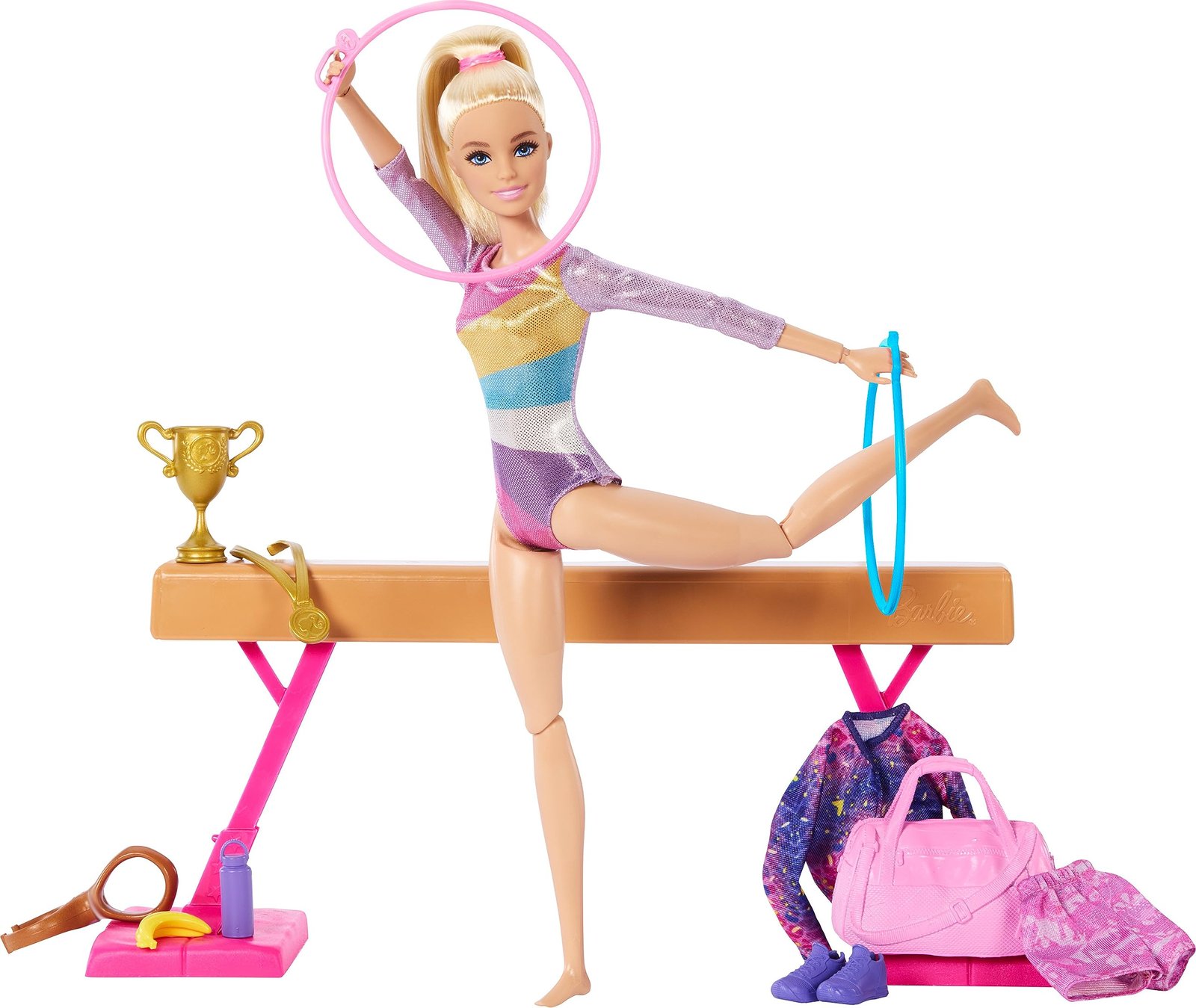 817XhkGaVIL.jpg BARBIE Gymnastic Fun Play Set with Balance Beam and Over 10 Thematic Matching Pieces for Victory Stories, HRG52, Blonde Doll - Image 1
