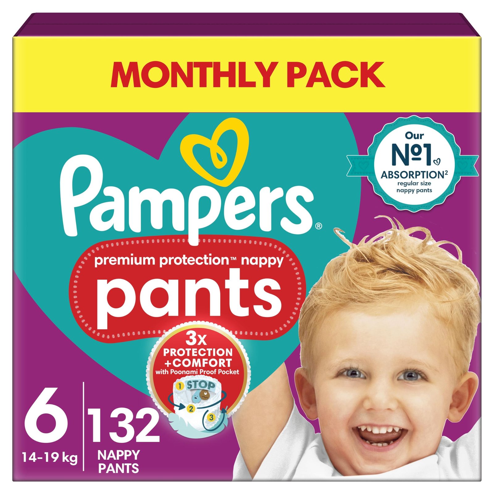 81N8g47dXyL.jpg Pampers Premium Protection Nappy Pants Size 6, 132 Nappies, 14kg-19kg, Monthly Pack, With 360° Fit and Ultra-Soft Materials for Our Best Comfort & Protection - Image 1