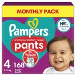 Pampers Premium Protection Nappy Pants Size 4, 168 Nappies, 9kg-15kg, Monthly Pack, With 360° Fit and Ultra-Soft Materials for Our Best Comfort & Protection