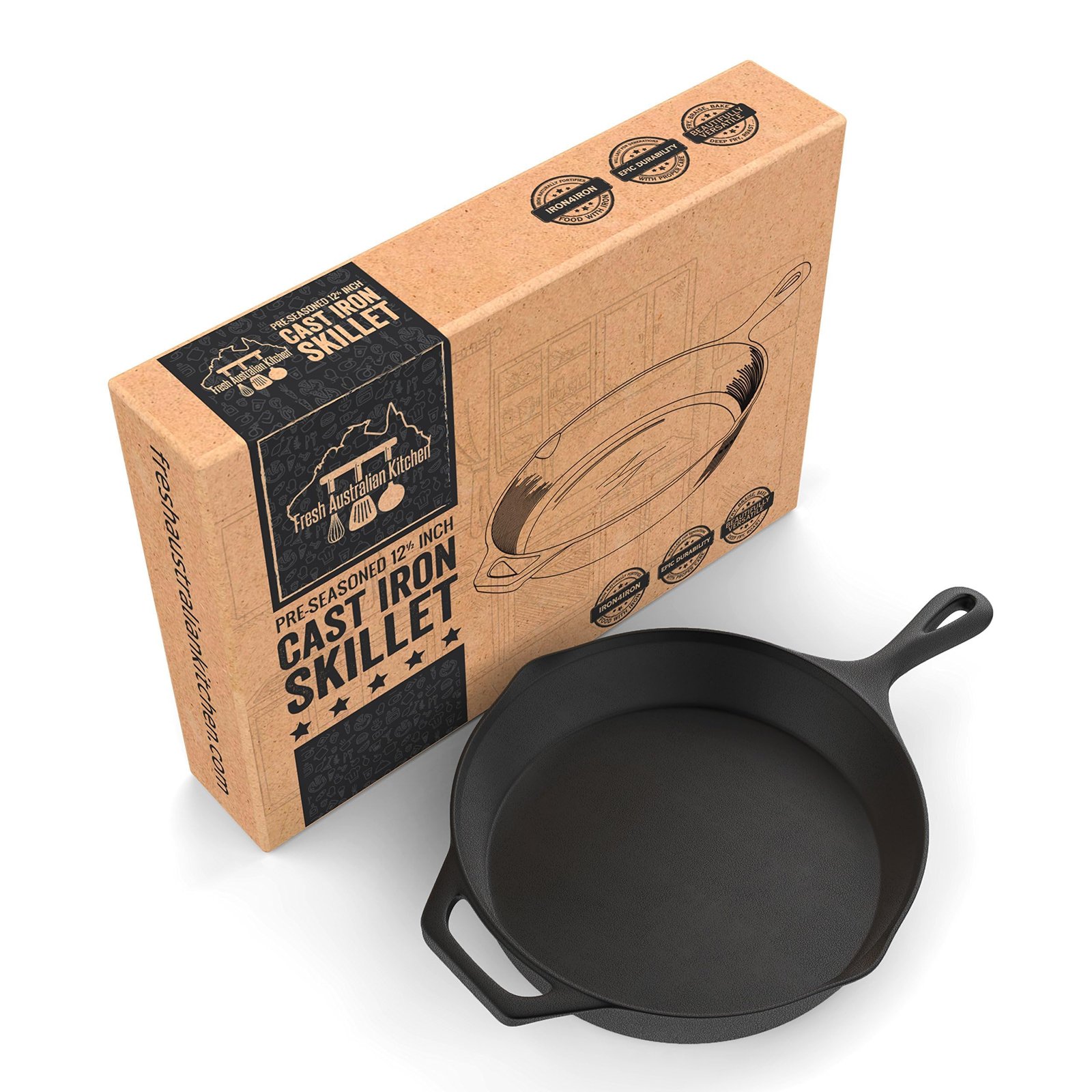 FRESH AUSTRALIAN KITCHEN Pre-Seasoned Cast Iron Skillet Frying Pan 30cm (12 Inch) Oven Safe Cookware, Perfect Camping Fry Pan, Indoors and Outdoor Pan.