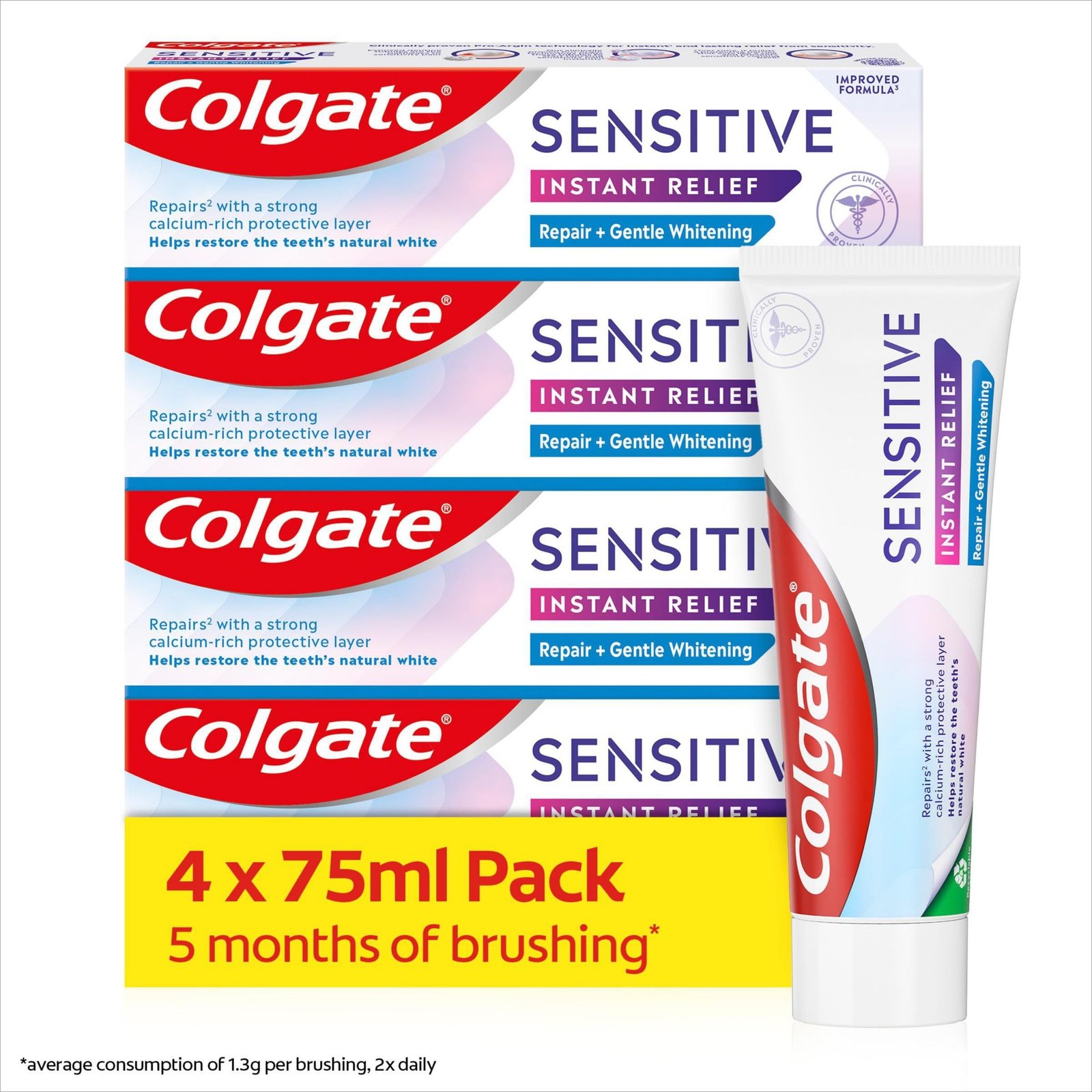 Colgate Sensitive Instant Relief Repair + Gentle Whitening Toothpaste | Instant* and Long-Lasting** Sensitivity Relief | Protective Layer with Calcium** | Fluoride Toothpaste | 4 Pack, 75ml Tubes