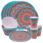 Trimming Shop 16pcs Melamine Dinner Set | Plates, Dessert Plates, Bowls & Cups | Moroccan Dinner Set | Party Dinnerware | Service for 4 | Reusable Dinnerware Set for Indoor, Outdoor, Picnic & Camping