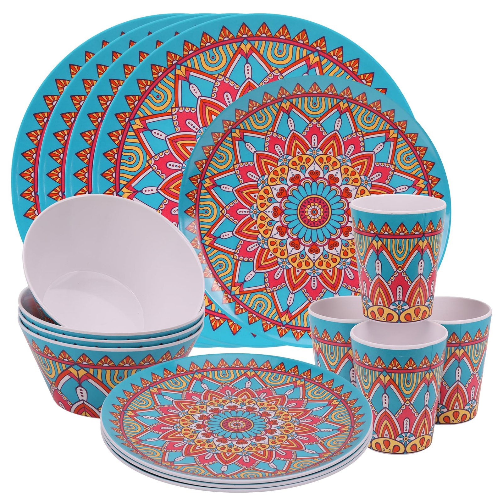 Trimming Shop 16pcs Melamine Dinner Set | Plates, Dessert Plates, Bowls & Cups | Moroccan Dinner Set | Party Dinnerware | Service for 4 | Reusable Dinnerware Set for Indoor, Outdoor, Picnic & Camping