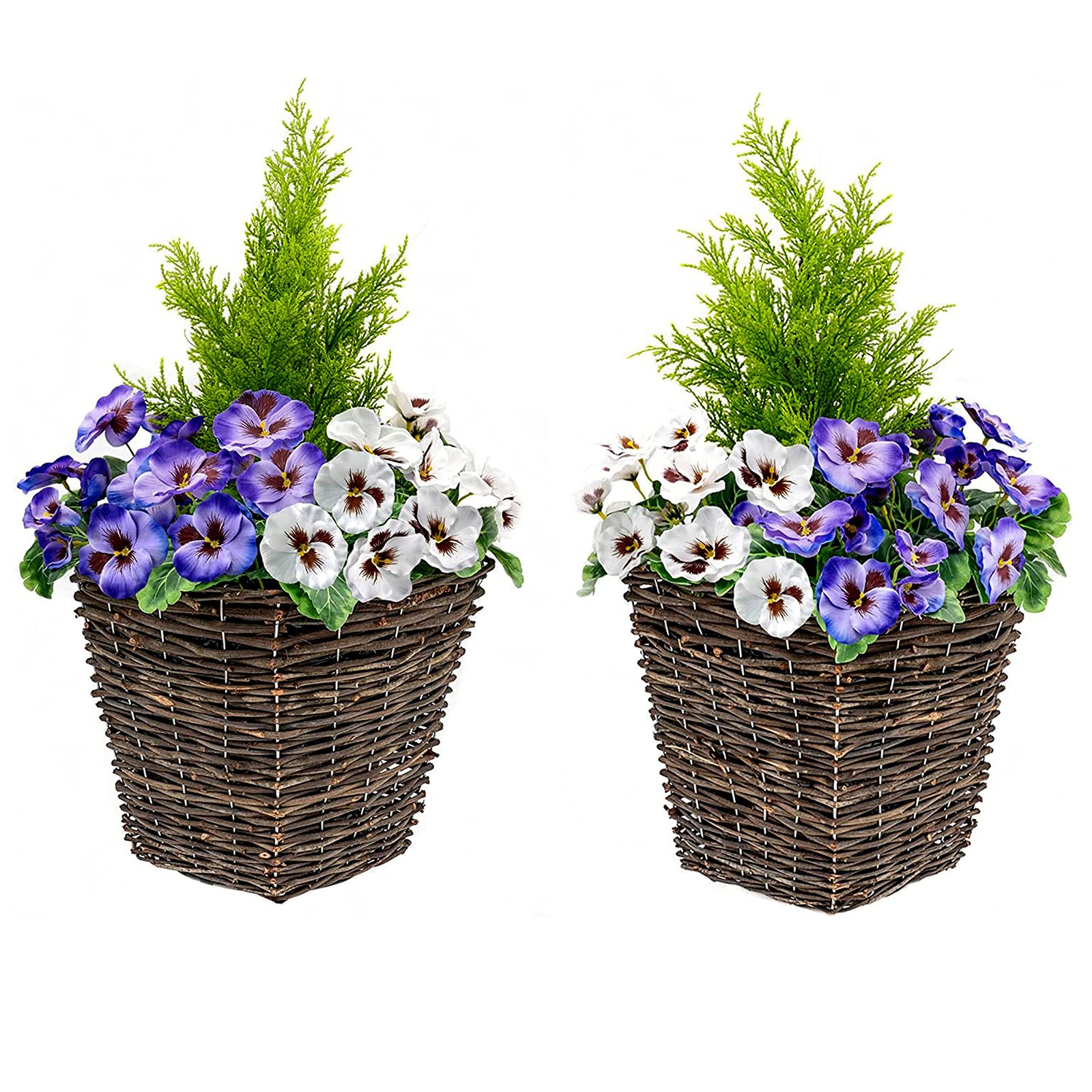 2 x Artificial Rattan Patio Planters Purple and White Faux Silk Pansies with Conifer/Cedar Topiary ideal for Home, Patio, Garden Outdoor Living 60cm/23.5in